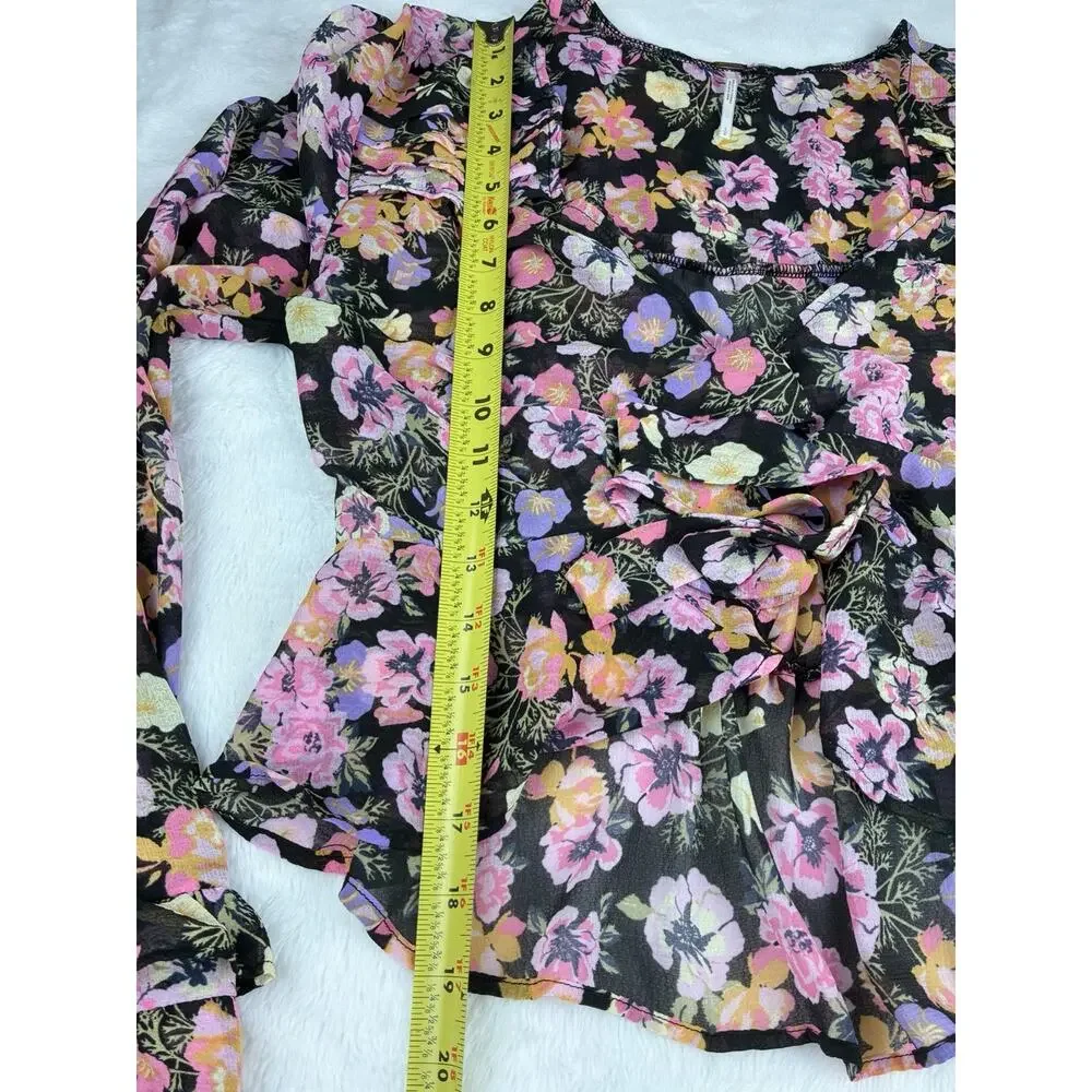 Free People Floral Blouse Womens Small Black Pink Sheer Ruffle Tie Front Boho